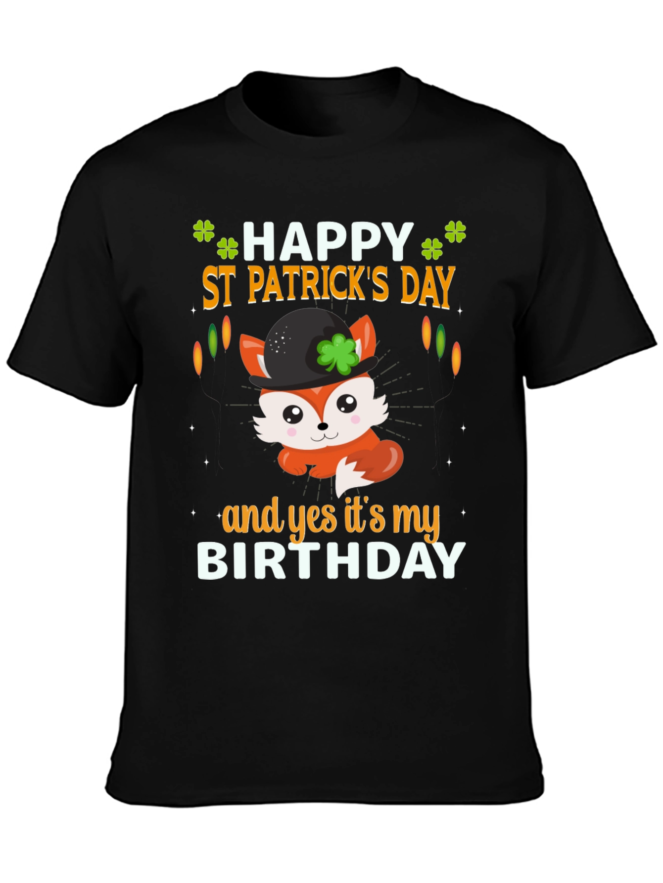 Black St. Patrick's Day Birthday Fox T-Shirt view 3