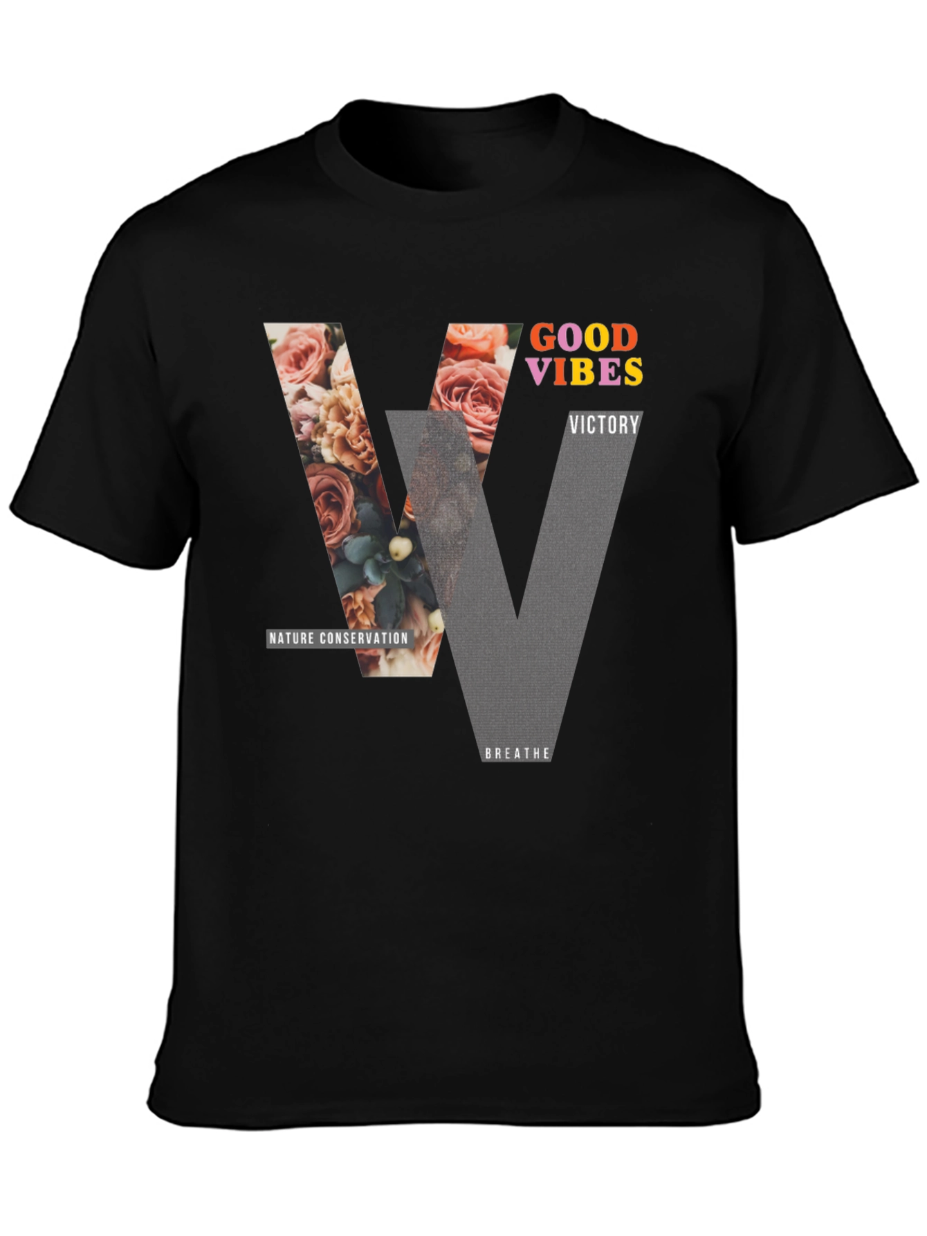 Black Good Vibes Graphic Tee - Nature Conservation Design view 3