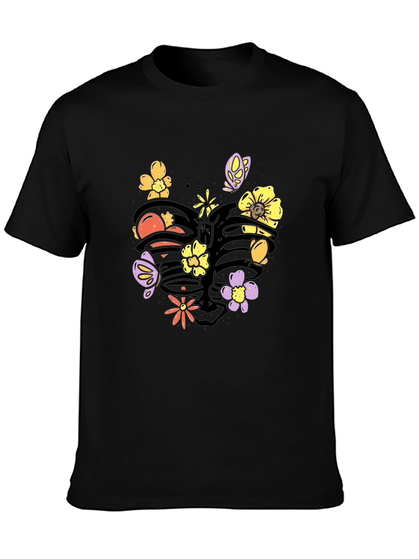 Black Floral Rib Cage Graphic Tee - Black Cotton T-Shirt view 3