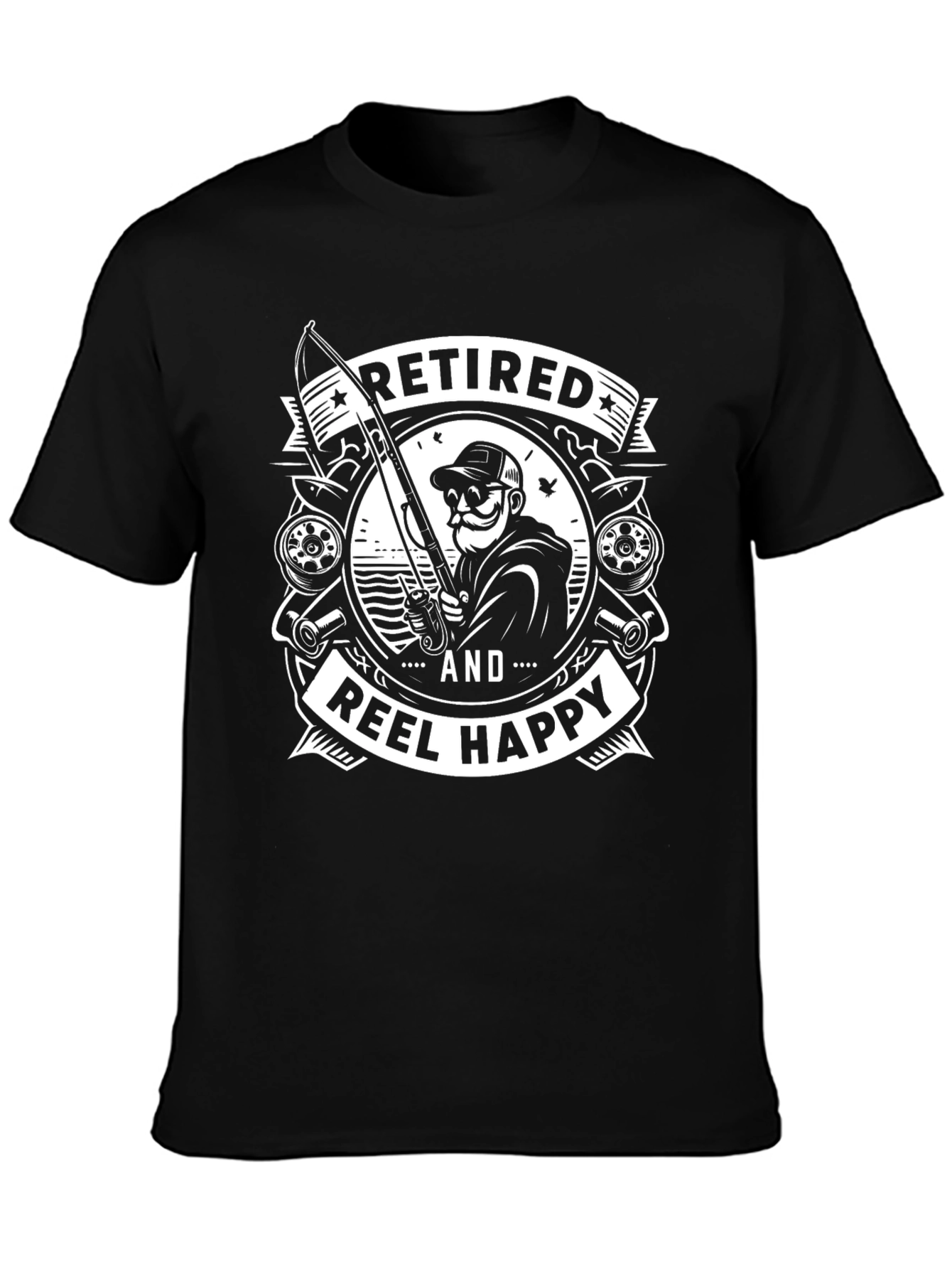 Black Retired and Reel Happy Fishing T-Shirt view 3