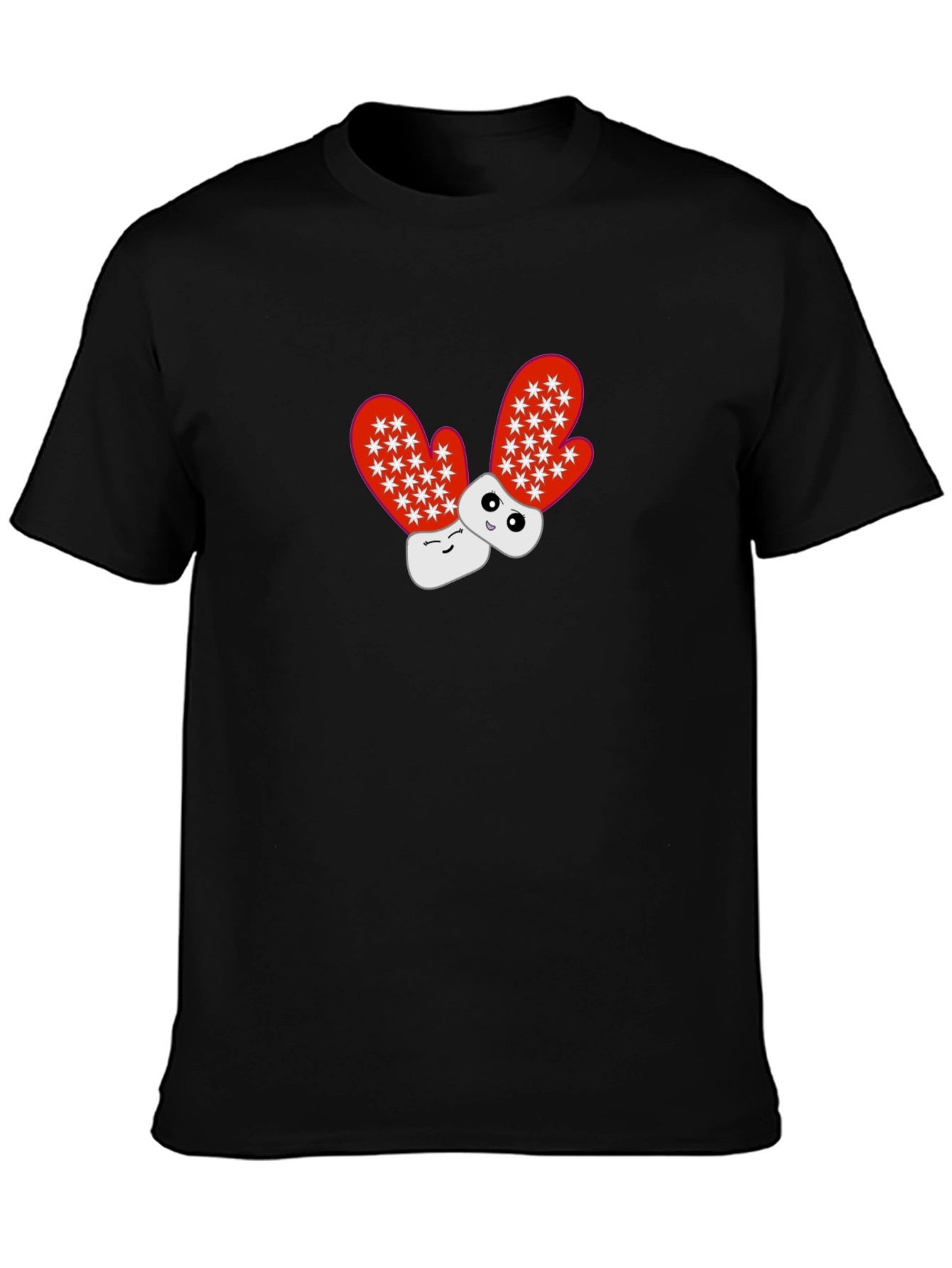 Black Cute Cartoon Mittens Black T-Shirt view 3