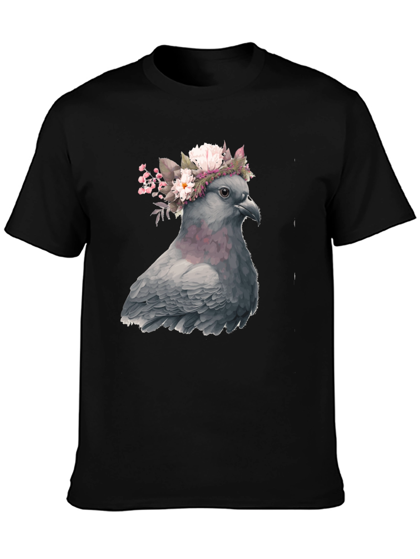Black Pigeon Floral Crown Graphic Tee - Unique Bird Lover's Shirt view 3