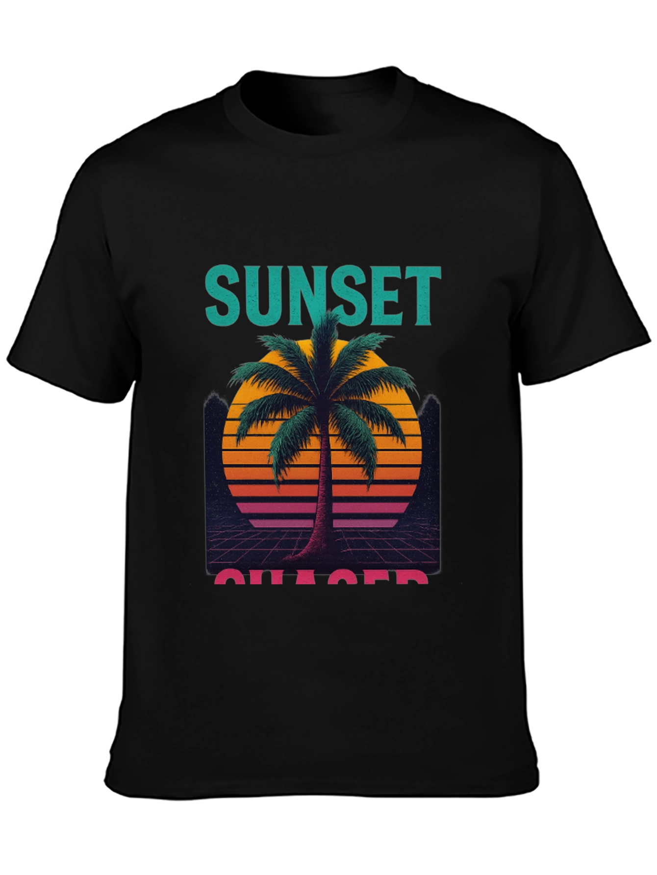 Black Sunset Chaser Graphic T-Shirt - Retro Palm Tree Design view 3