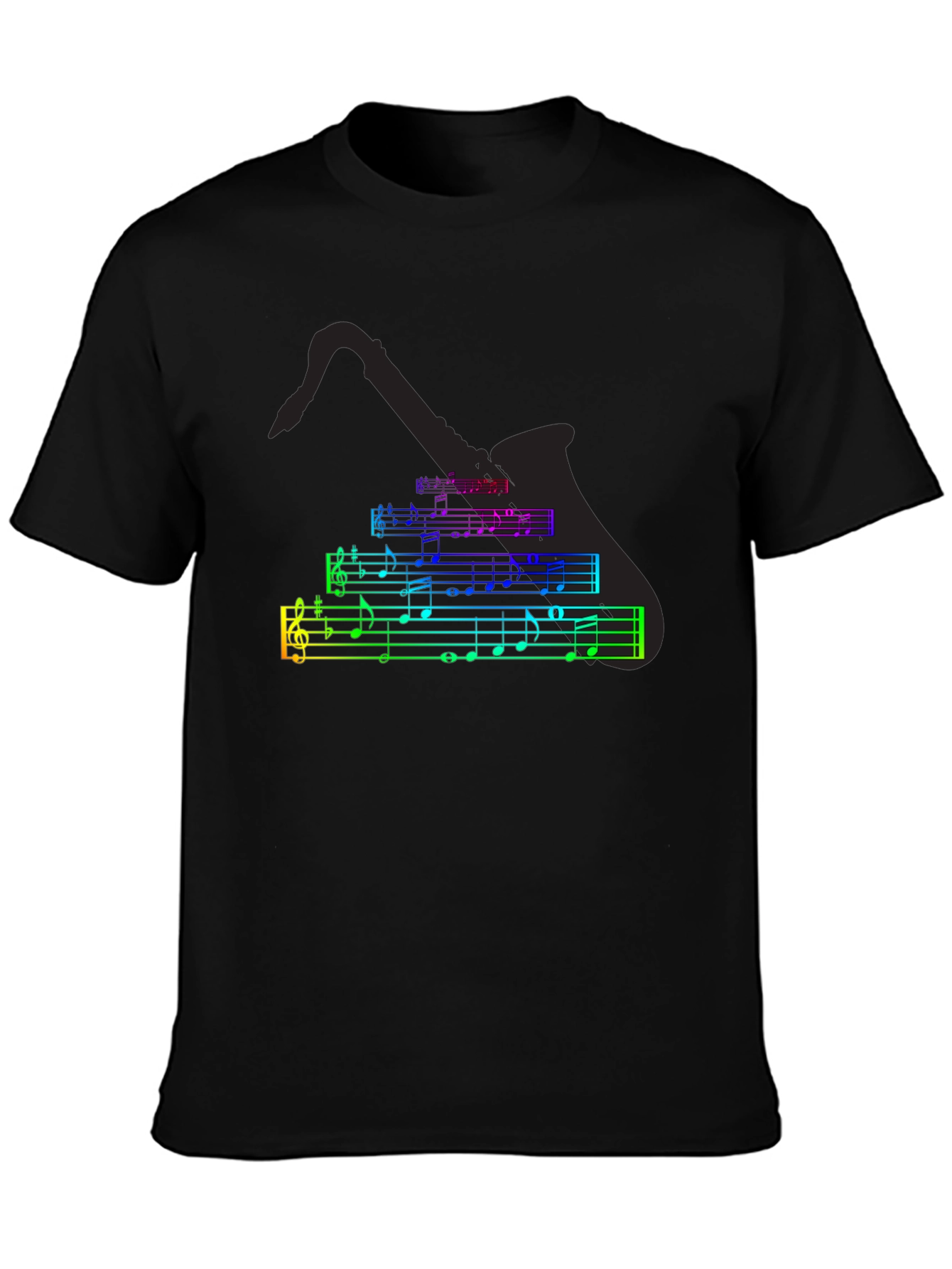 Black Music Notes Saxophone T-Shirt - Black Cotton Tee view 3