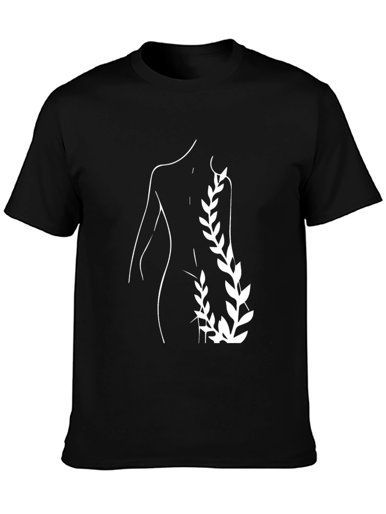Black Minimalist Silhouette & Leaf Design Black T-Shirt view 3