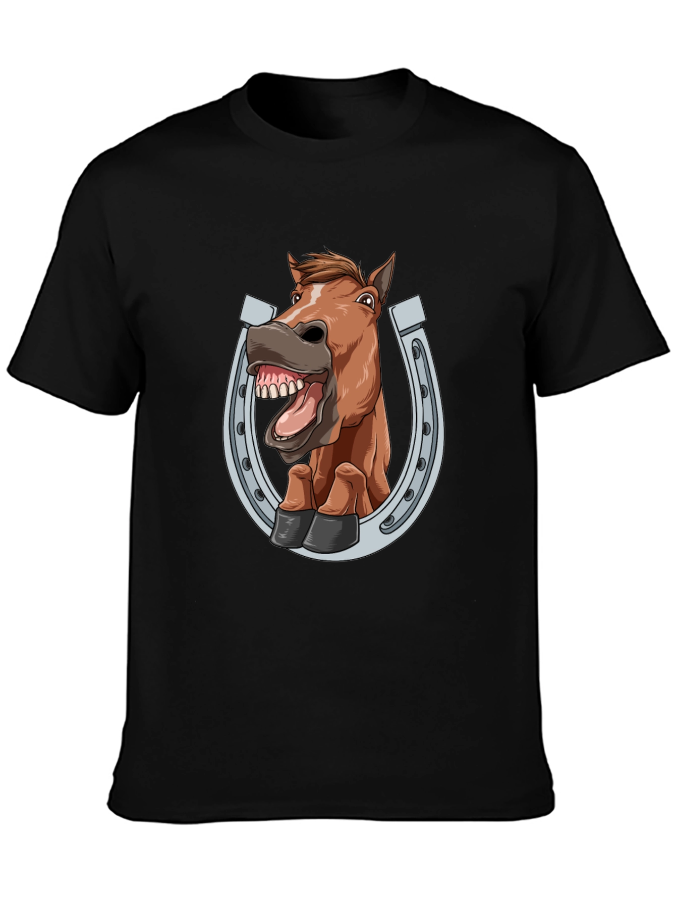 Black Funny Horse in Horseshoe Graphic Tee - Black T-Shirt view 3