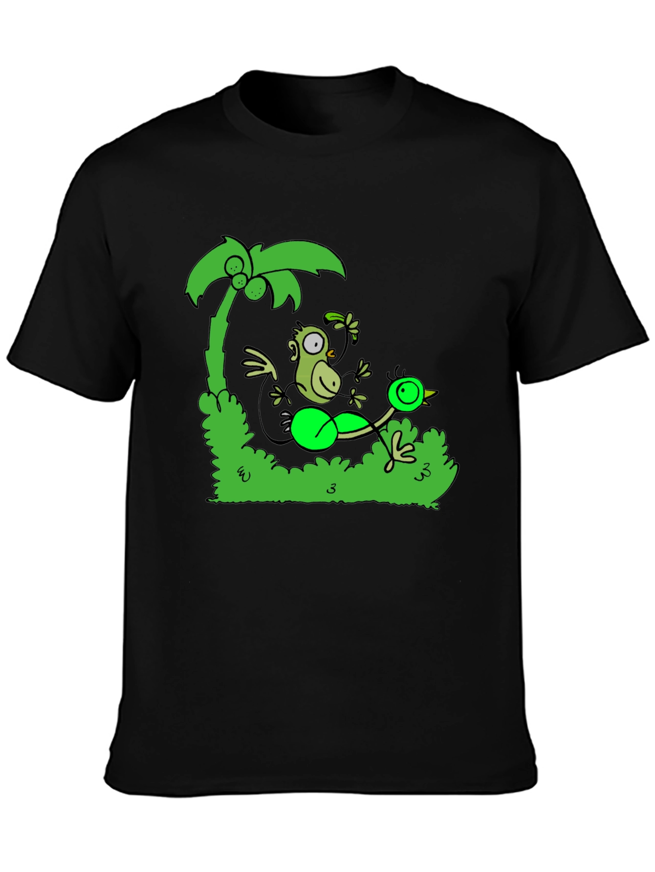 Black Funny Monkey and Bird T-Shirt view 3