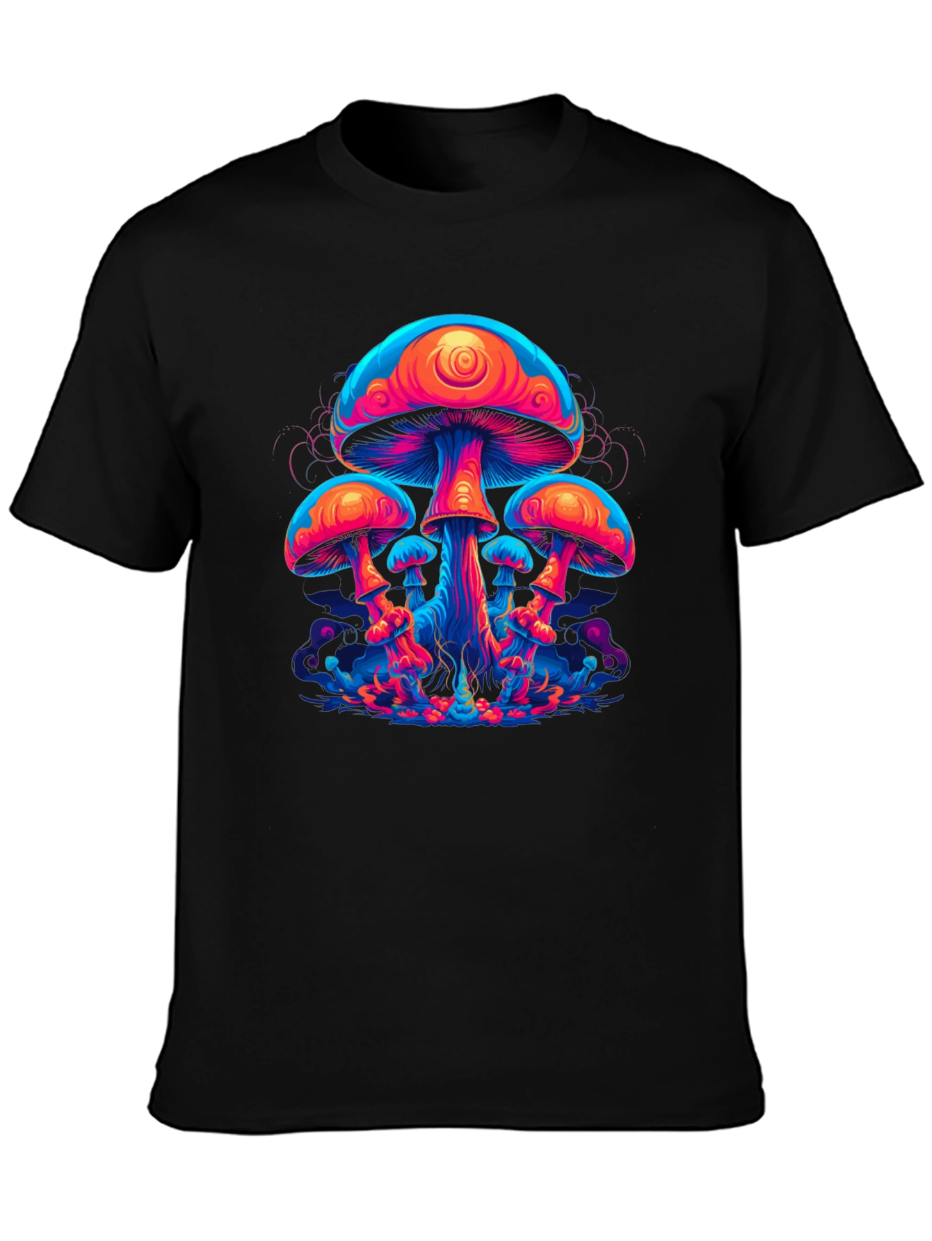 Black Neon Mushroom Graphic Tee - Psychedelic Black T-Shirt view 3