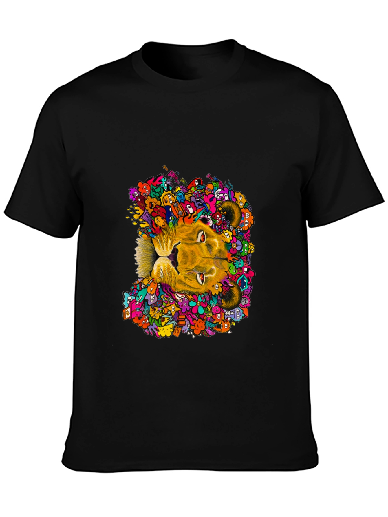 Black Lion Doodle Graphic Tee - Black Cotton T-Shirt view 3
