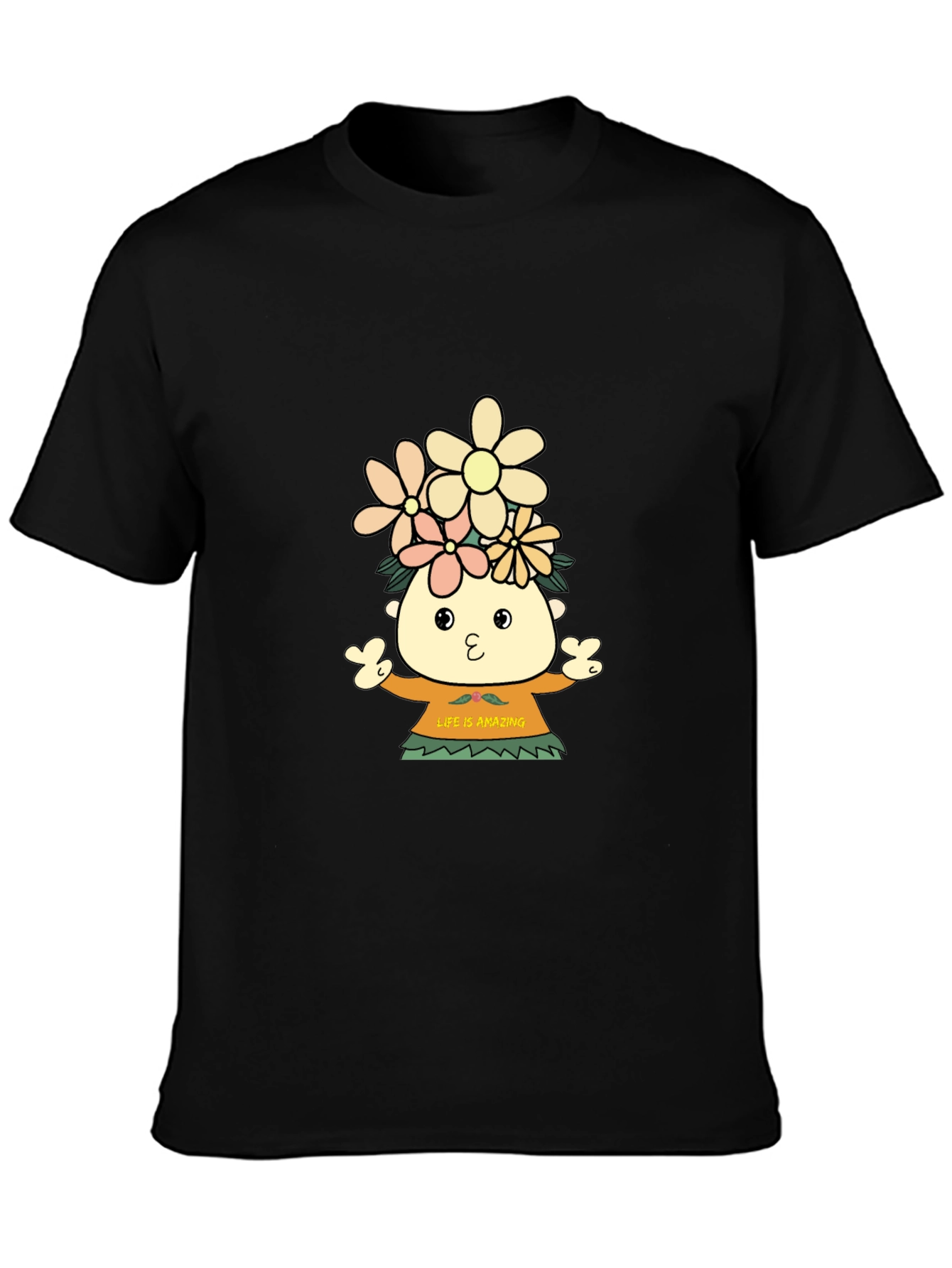 Black Black T-Shirt with Cartoon Flower Child Design view 3