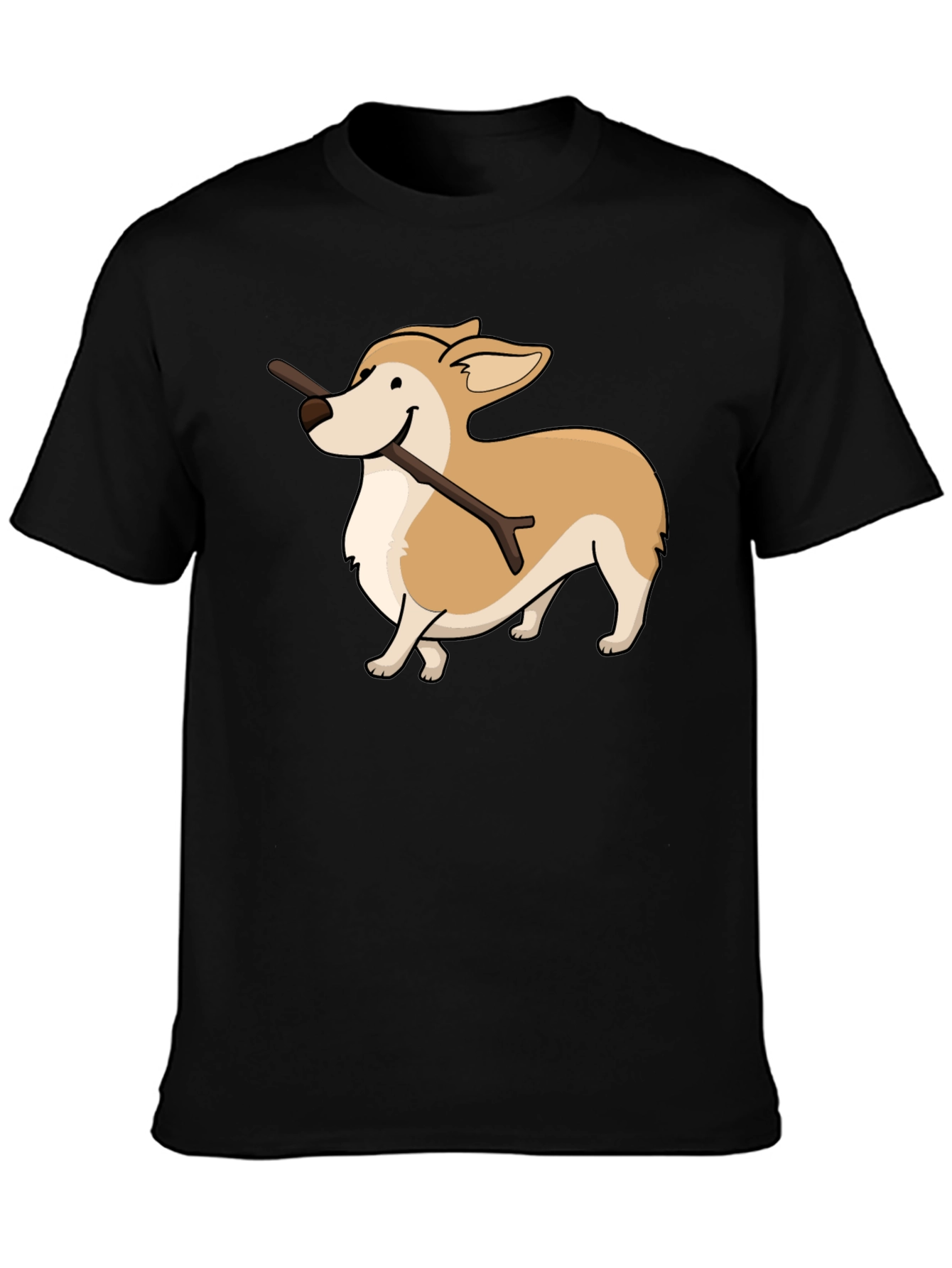 Black Corgi With Stick Graphic T-Shirt view 3