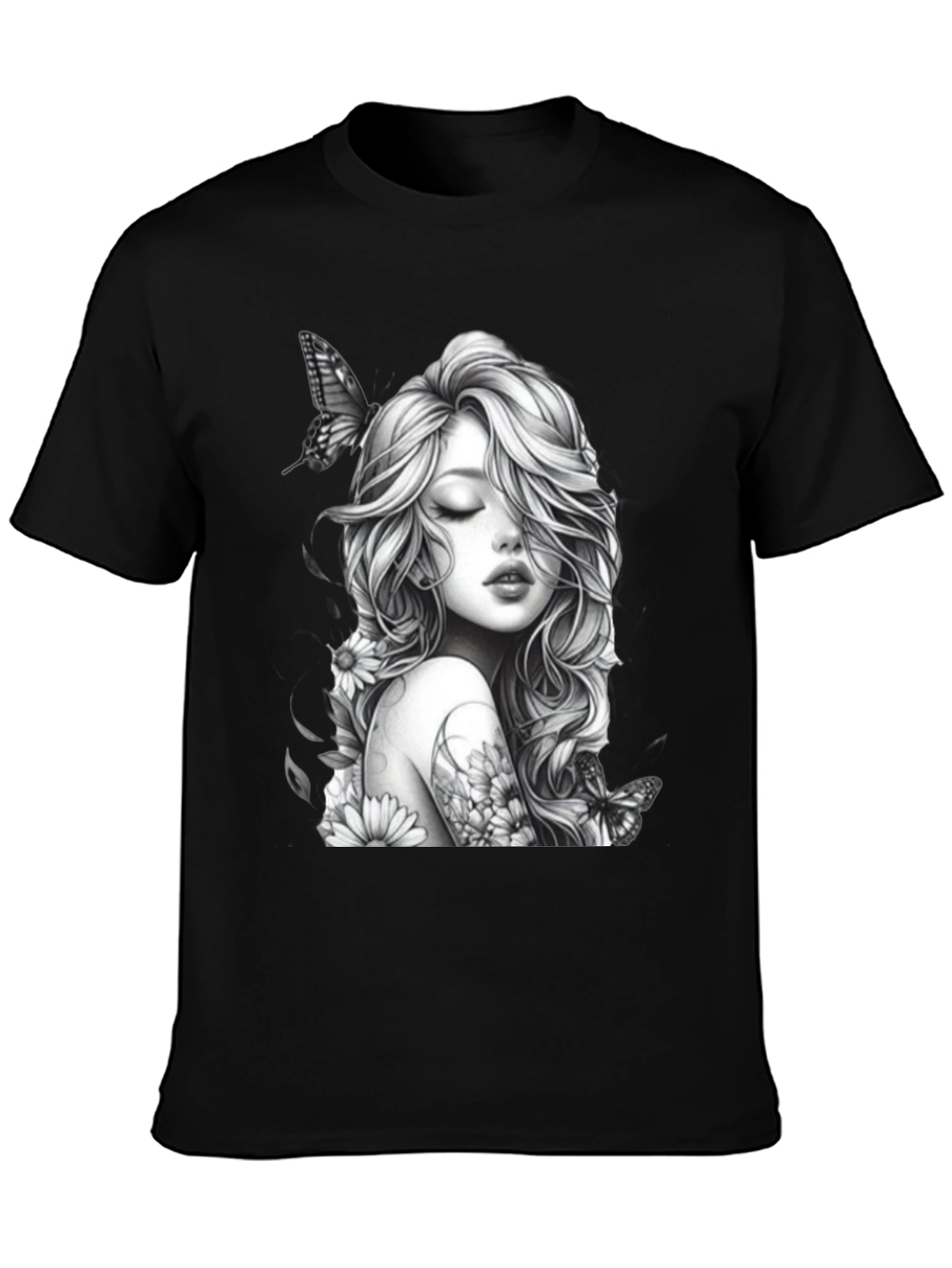 Black Black T-Shirt with Woman and Butterfly Design view 3