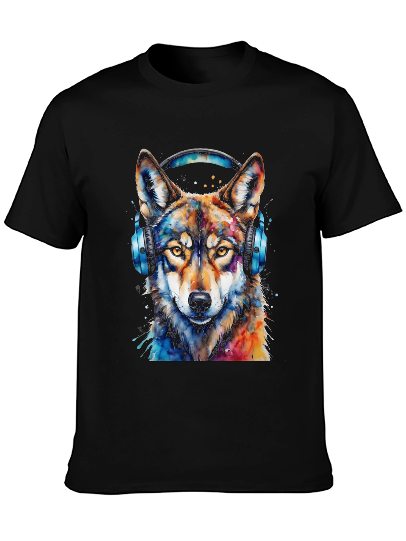 Black Wolf Headphone Graphic Black T-Shirt view 3