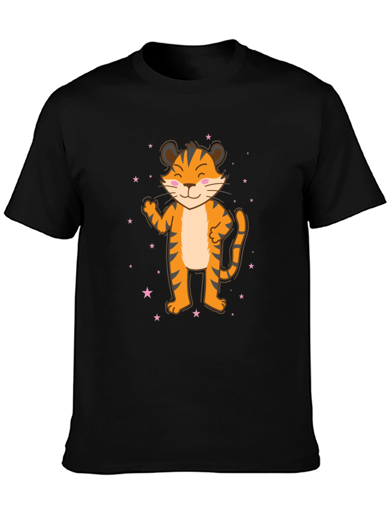 Black Cute Cartoon Tiger Black T-Shirt view 3