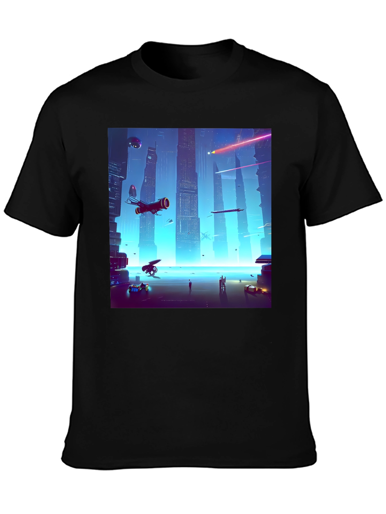 Black Sci-Fi Cityscape Black T-Shirt view 3