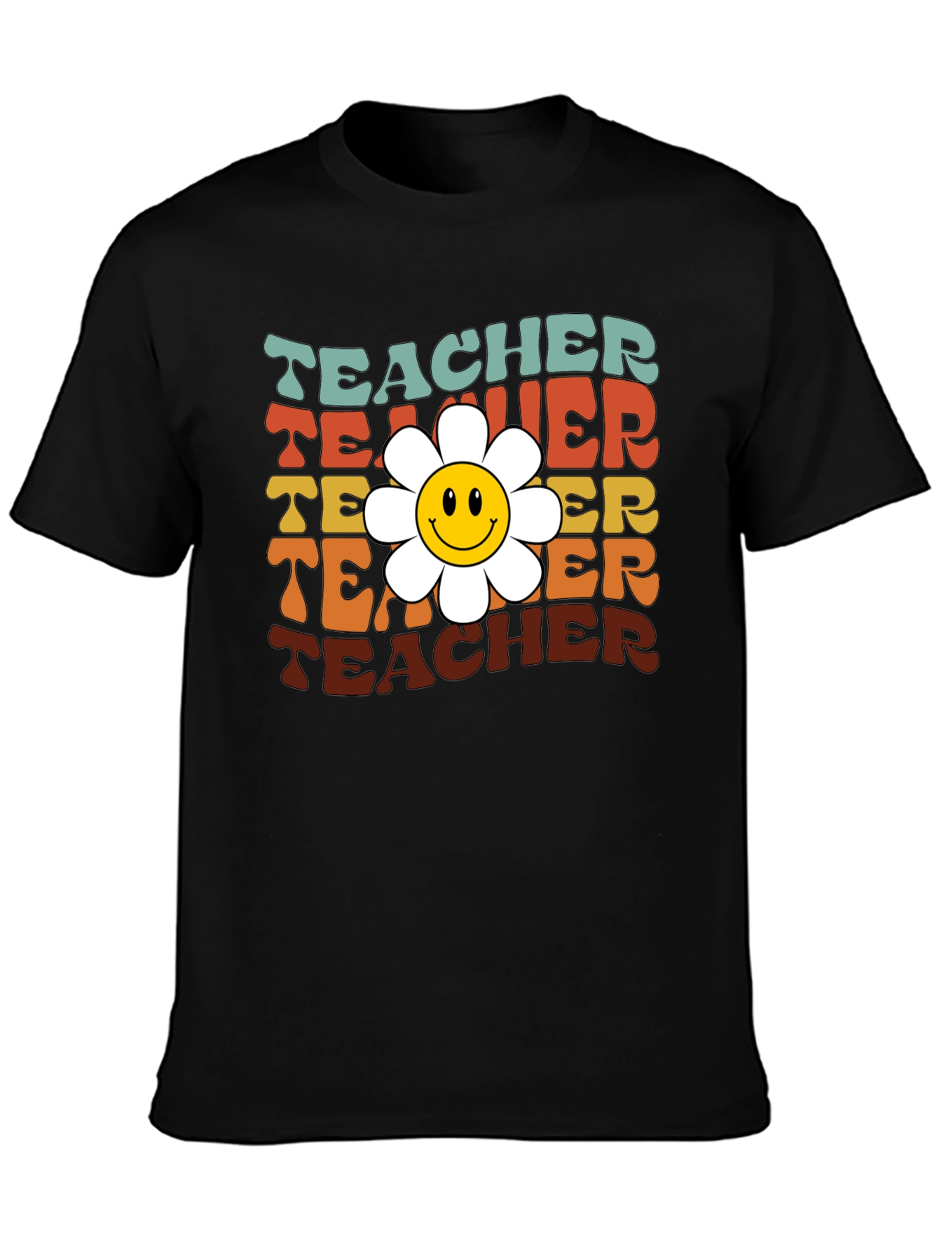 Black Retro Teacher Smiley Flower T-Shirt view 3