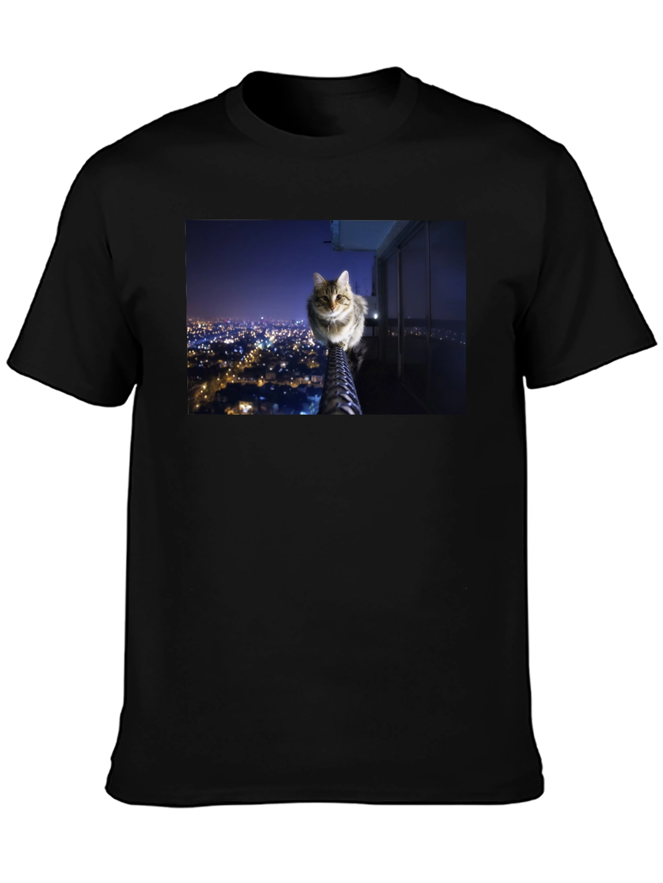 Black Cat on City View T-Shirt view 3