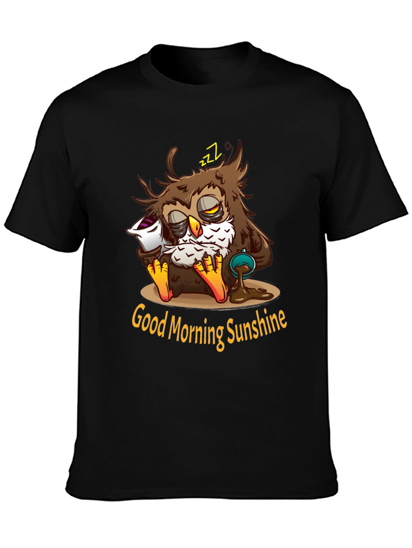 Black Funny Sleepy Owl Coffee T-Shirt - Good Morning Sunshine view 3
