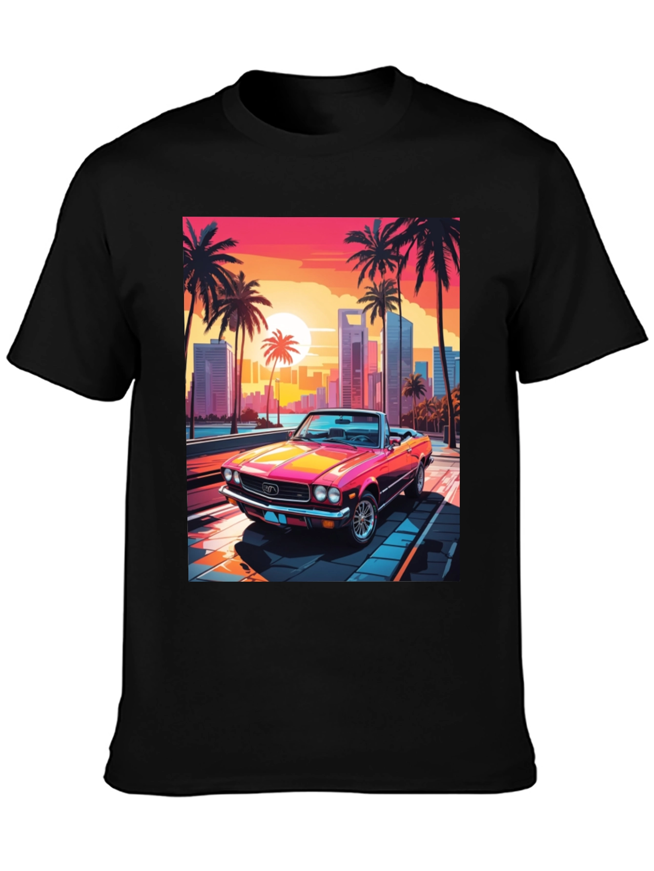 Black Retro Sunset Car Graphic Tee view 3