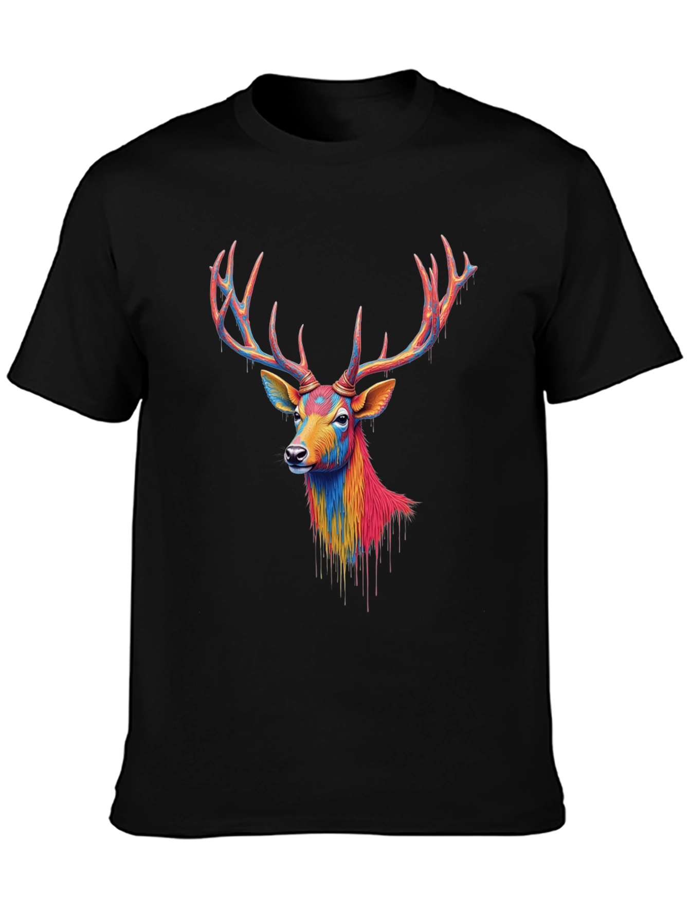 Black Colorful Deer Graphic Black T-Shirt view 3