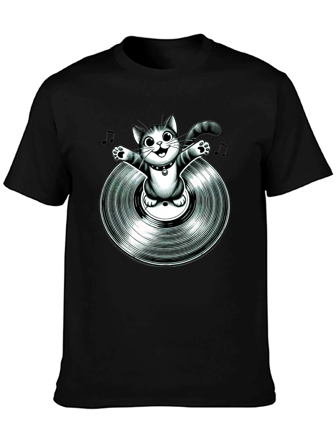 Black Cool Cat on Vinyl Record Graphic T-Shirt view 3