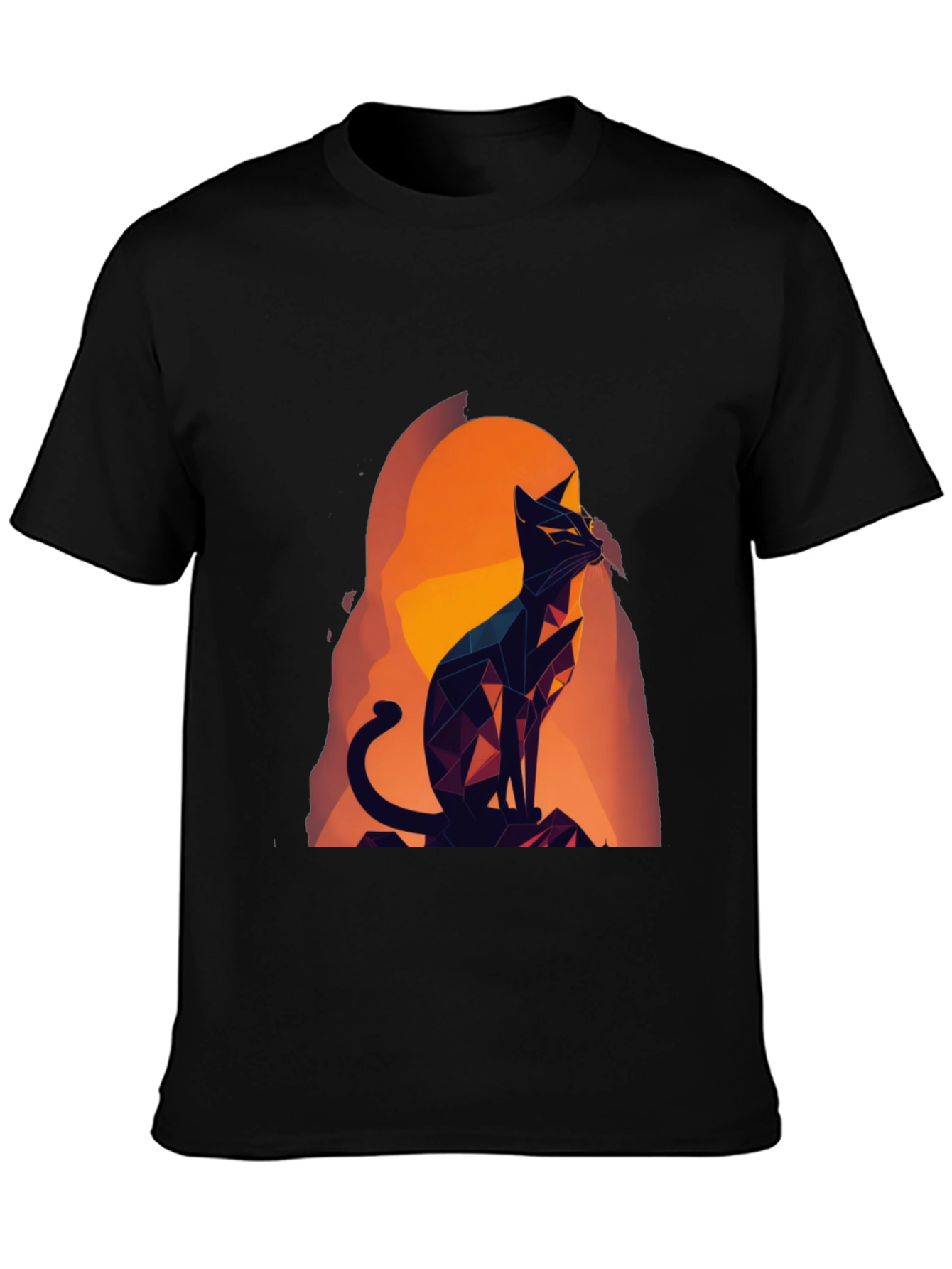 Black Geometric Cat Graphic Tee - Black Cotton Blend view 3