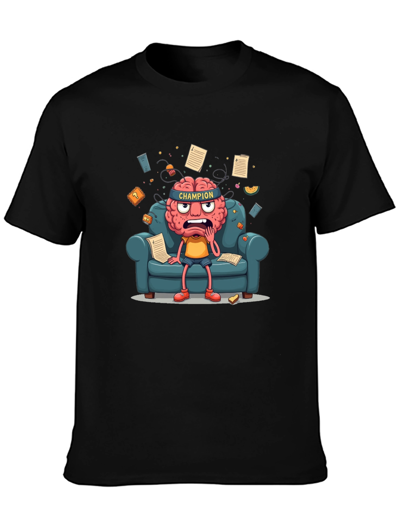 Black Champion Mind T-Shirt - Stressed Brain Cartoon view 3