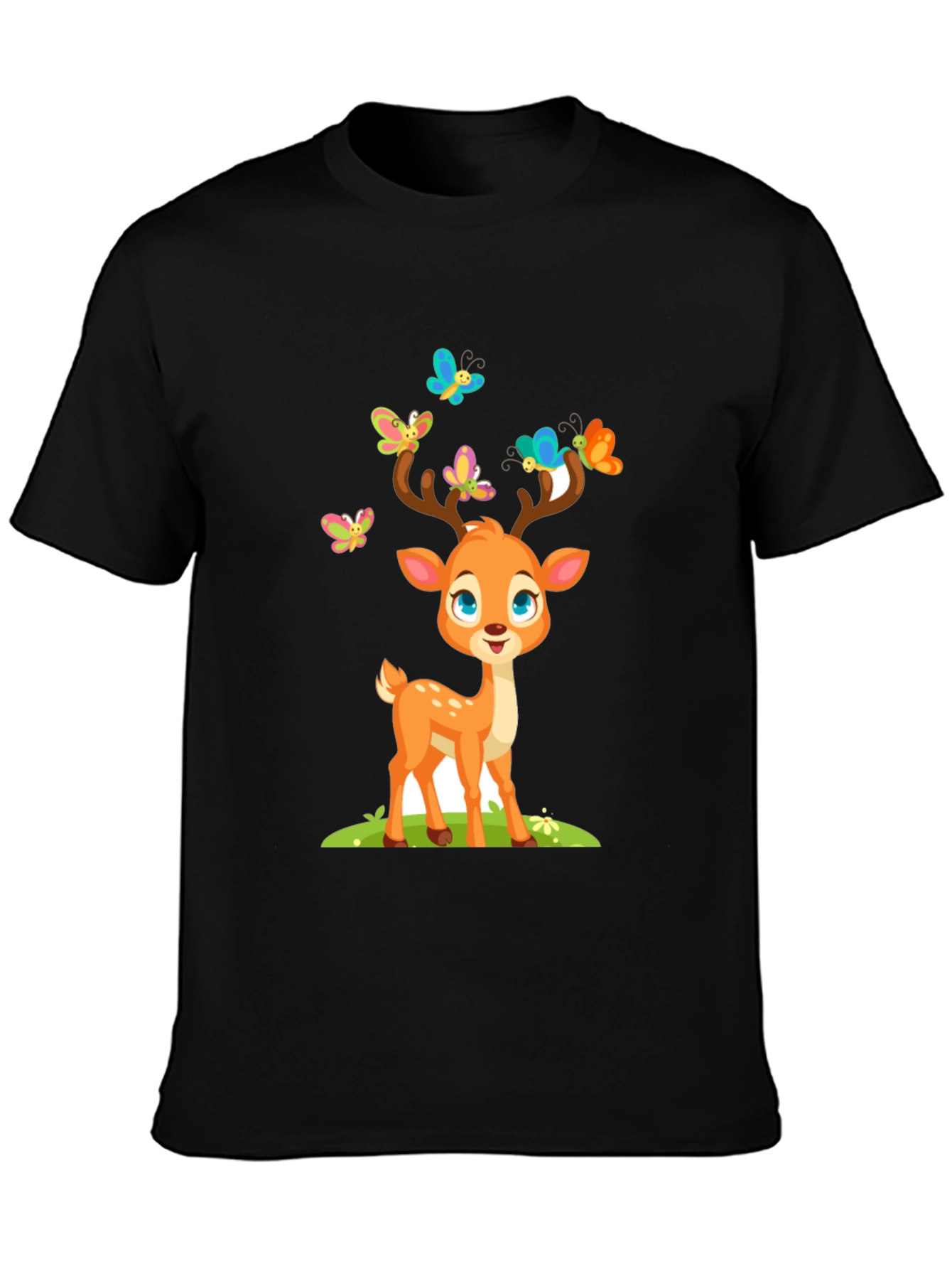 Black Cute Deer with Butterflies T-Shirt view 3