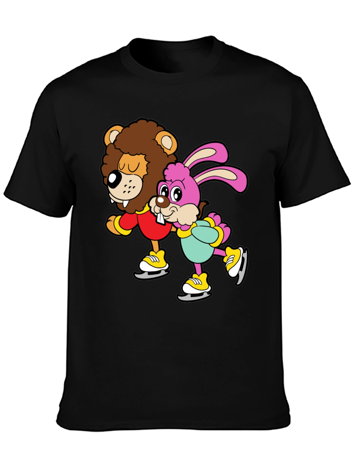 Black Lion & Bunny Ice Skating Cartoon Graphic T-Shirt view 3