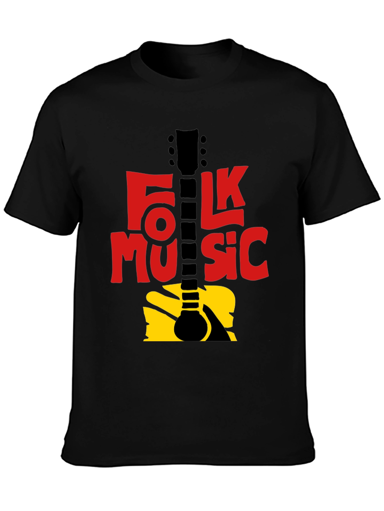 Black Folk Music Guitar Graphic T-Shirt - Black view 3