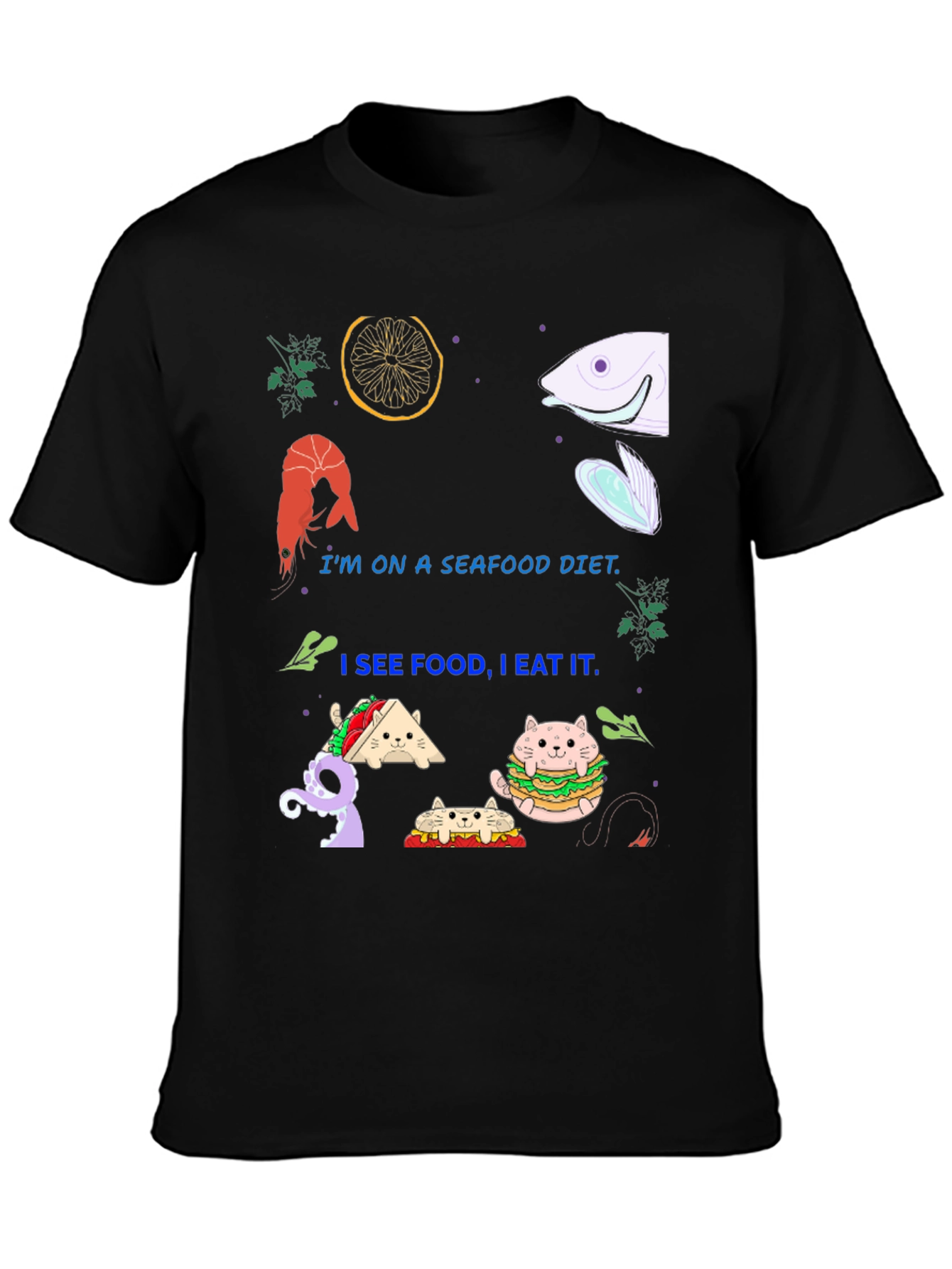 Black Seafood Diet Funny Graphic T-Shirt view 3