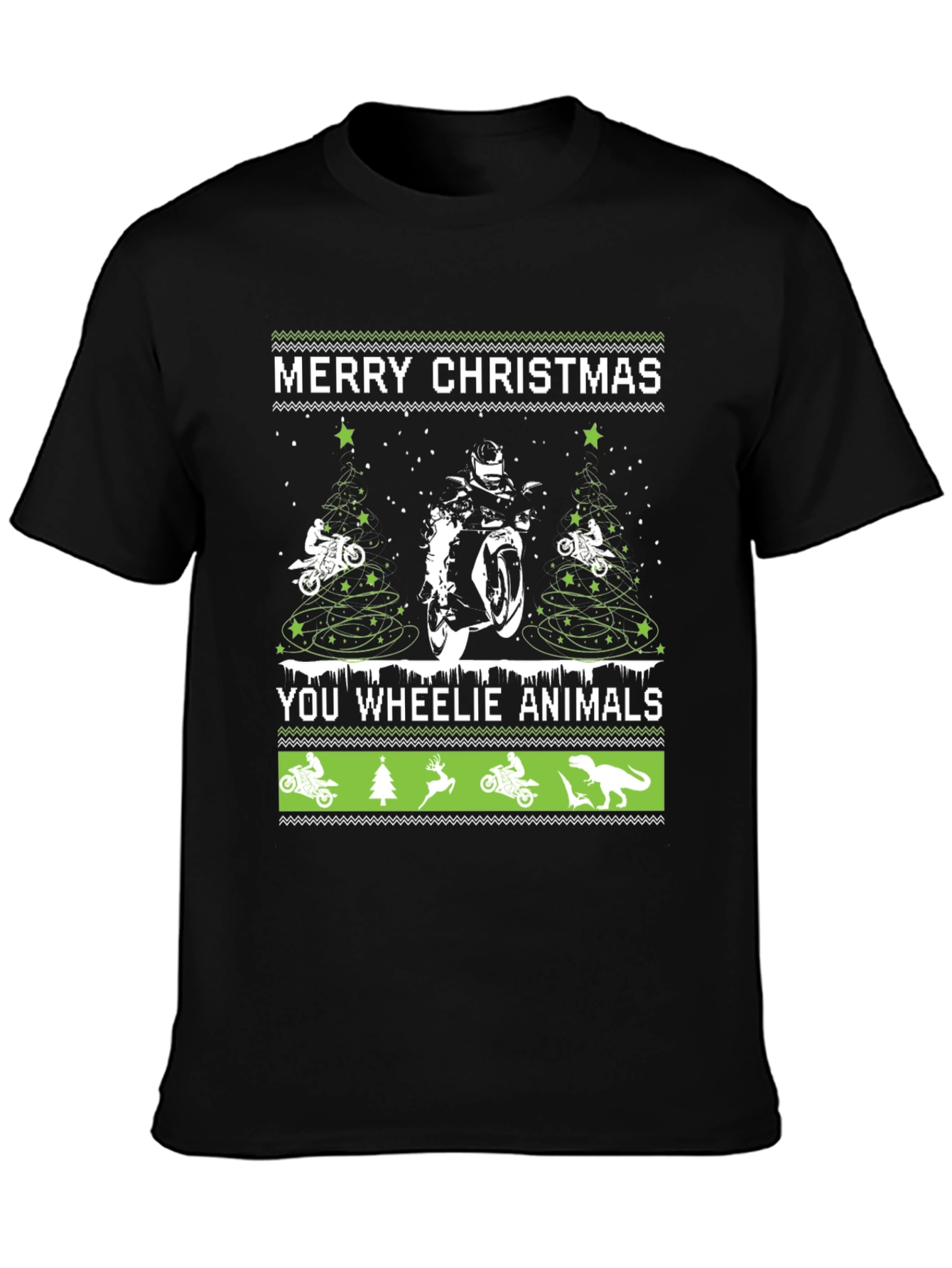 Black Motorcycle Christmas T-Shirt - Wheelie Animals Holiday Tee view 3