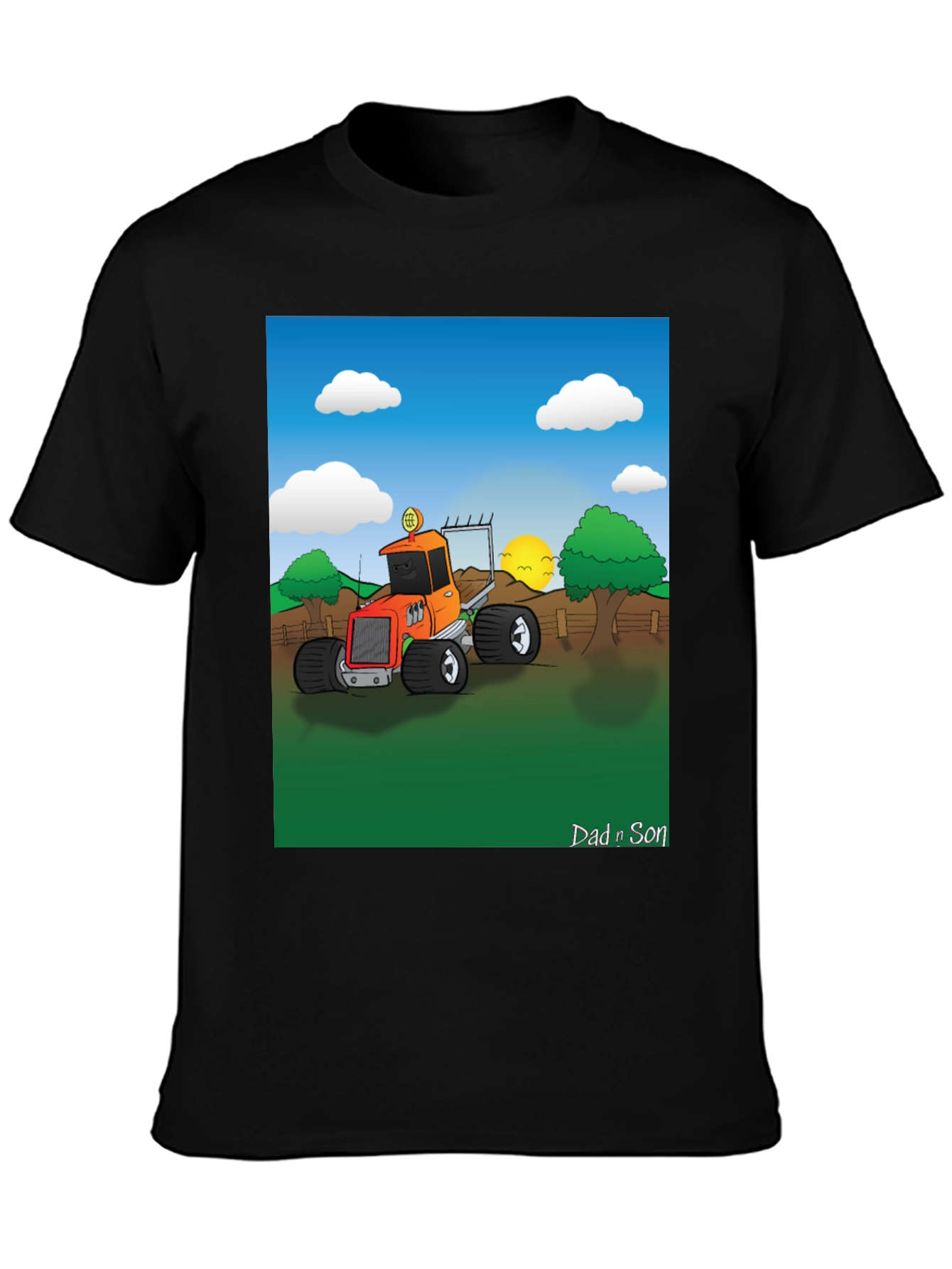 Black Dad n Son Cartoon Tractor T-Shirt view 3