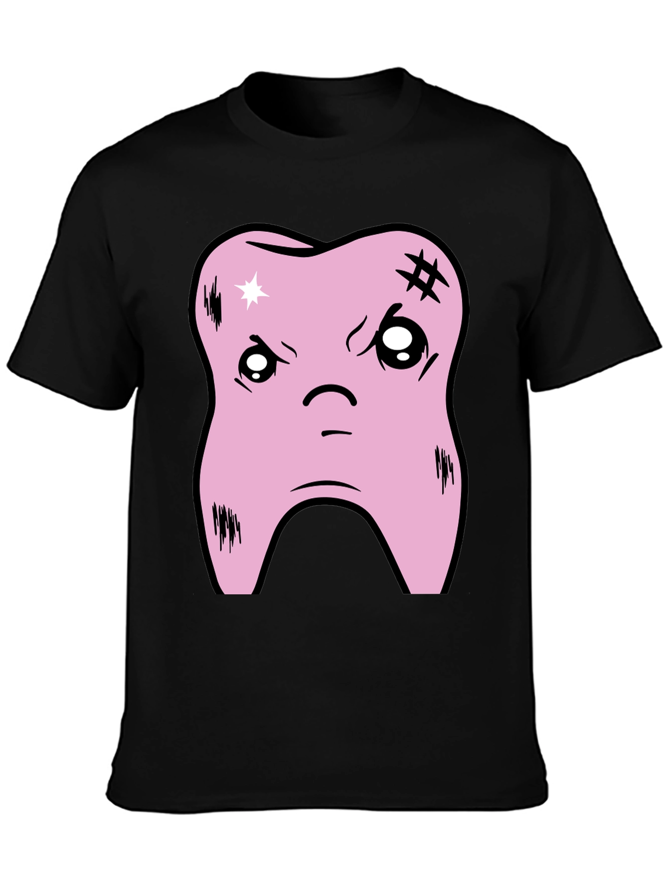 Black Cartoon Tooth Graphic Tee - Black Cotton T-Shirt view 3