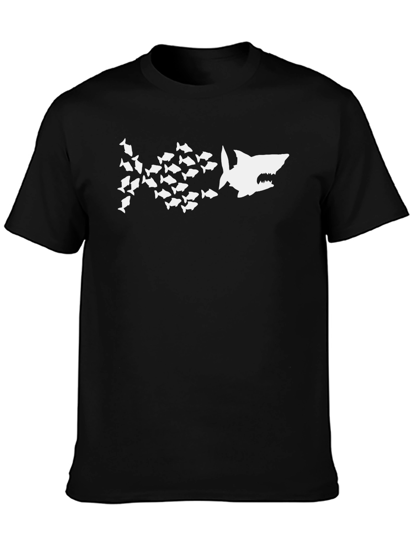 Black Shark Attack Tee: Fish School Graphic Black T-Shirt view 3