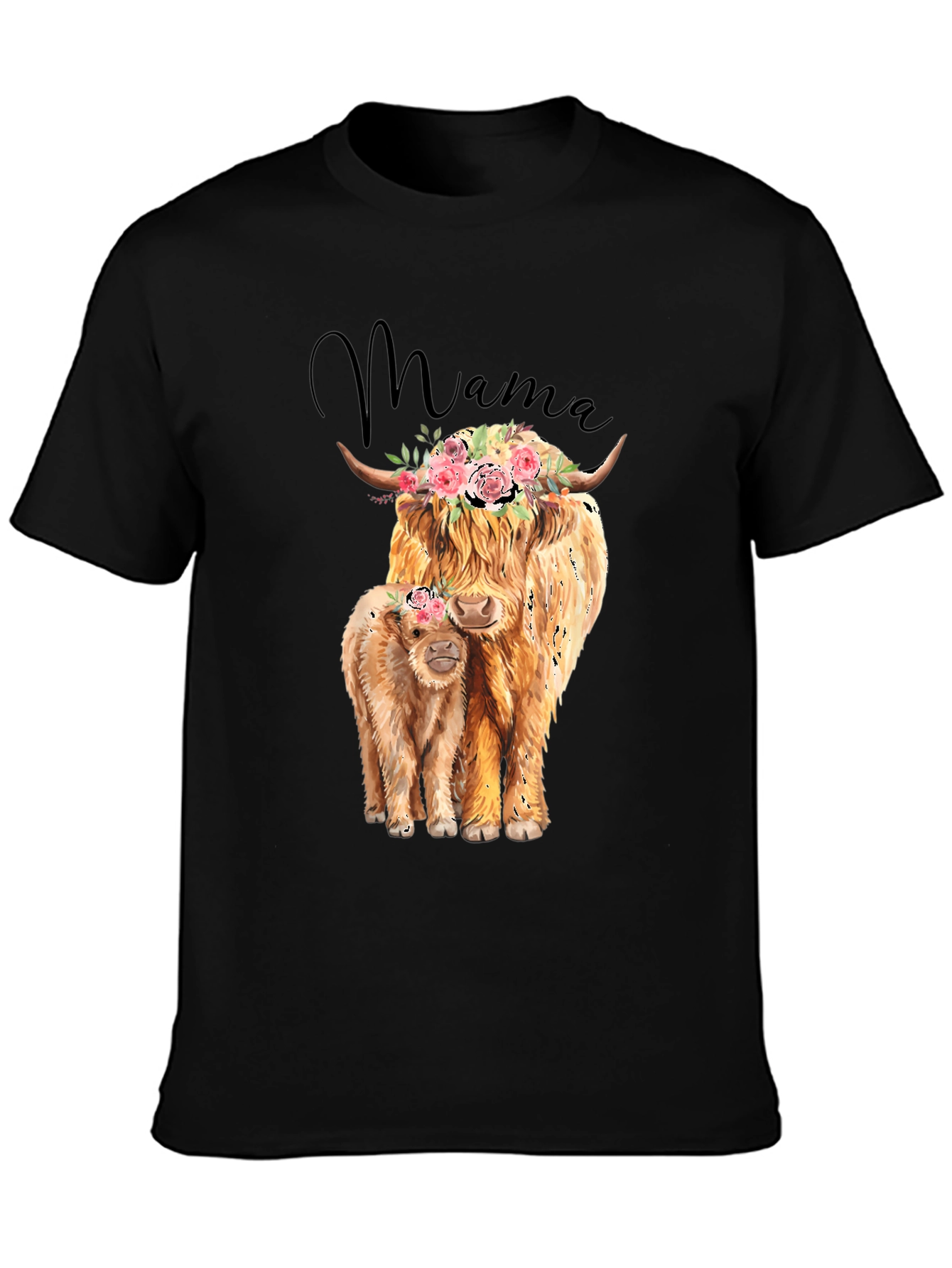 Black Mama Highland Cow T-Shirt: Floral Crowned Cow & Calf Tee view 3