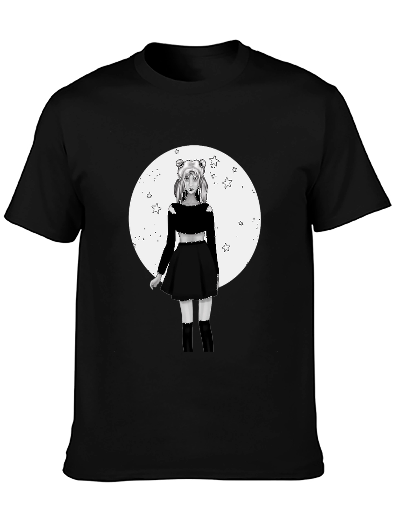 Black Anime Girl Moon Graphic Black T-Shirt view 3