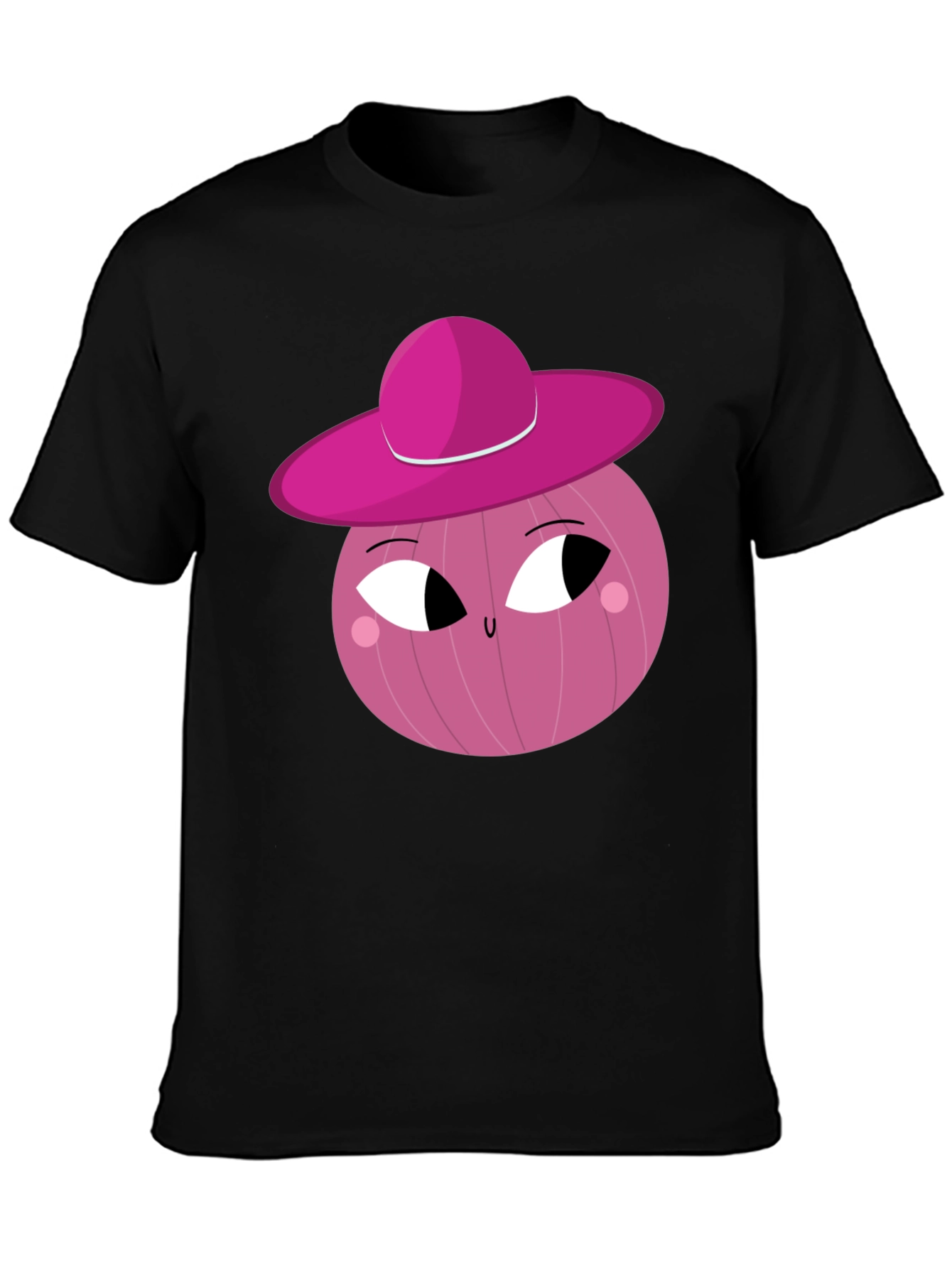 Black Whimsical Pink Onion Character Graphic T-Shirt view 3
