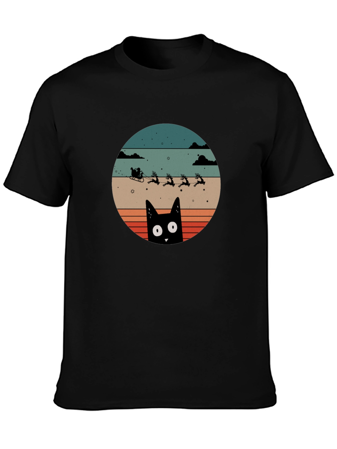 Black Retro Cat Santa's Sleigh T-Shirt view 3