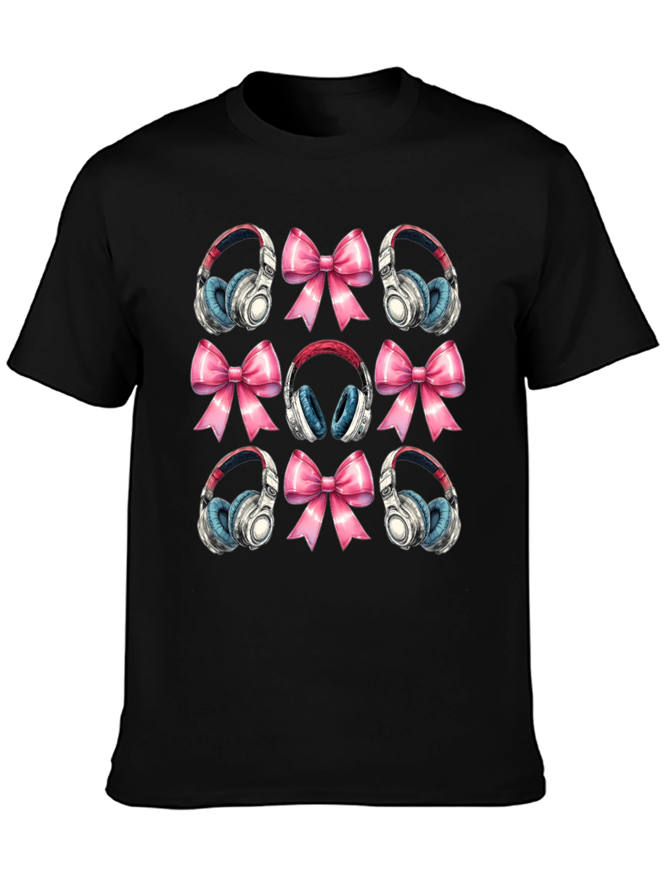 Black Headphones and Bows Pattern T-Shirt view 3