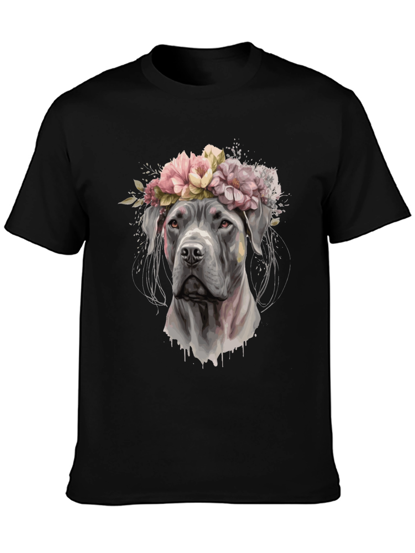 Black Dog with Flower Crown Black T-Shirt view 3