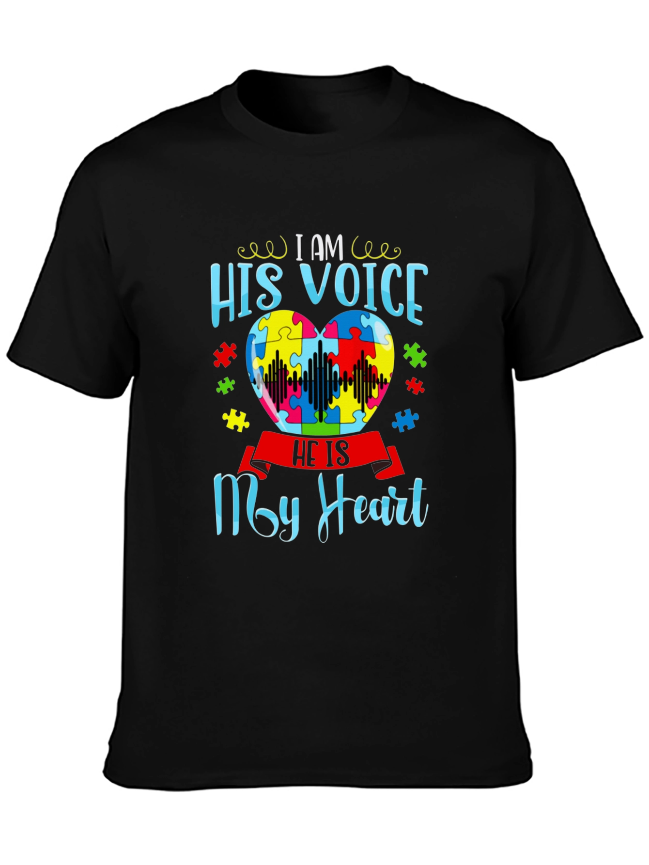 Black Autism Awareness 'His Voice My Heart' T-Shirt view 3