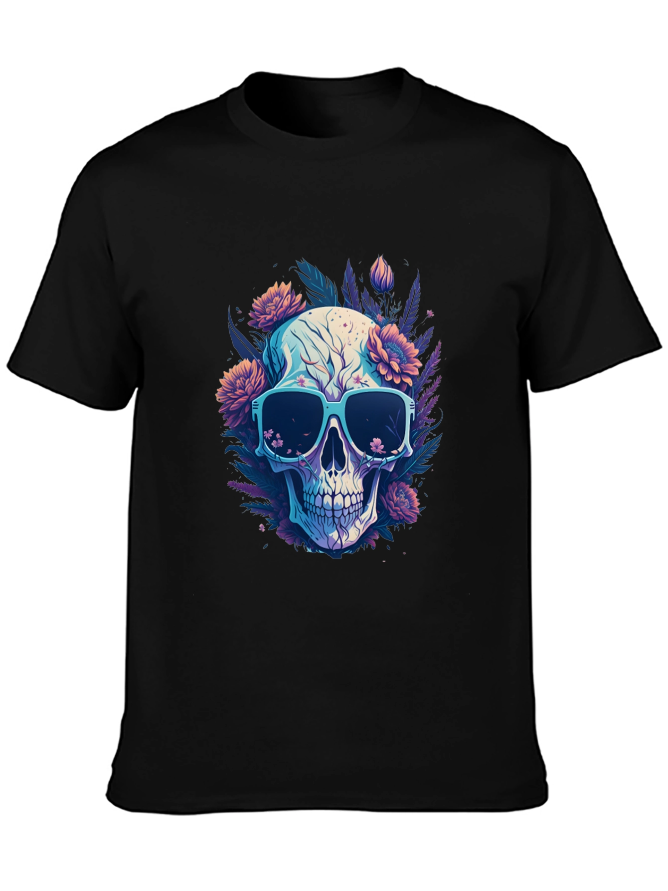Black Skull and Flowers Graphic T-Shirt - Cool Style view 3