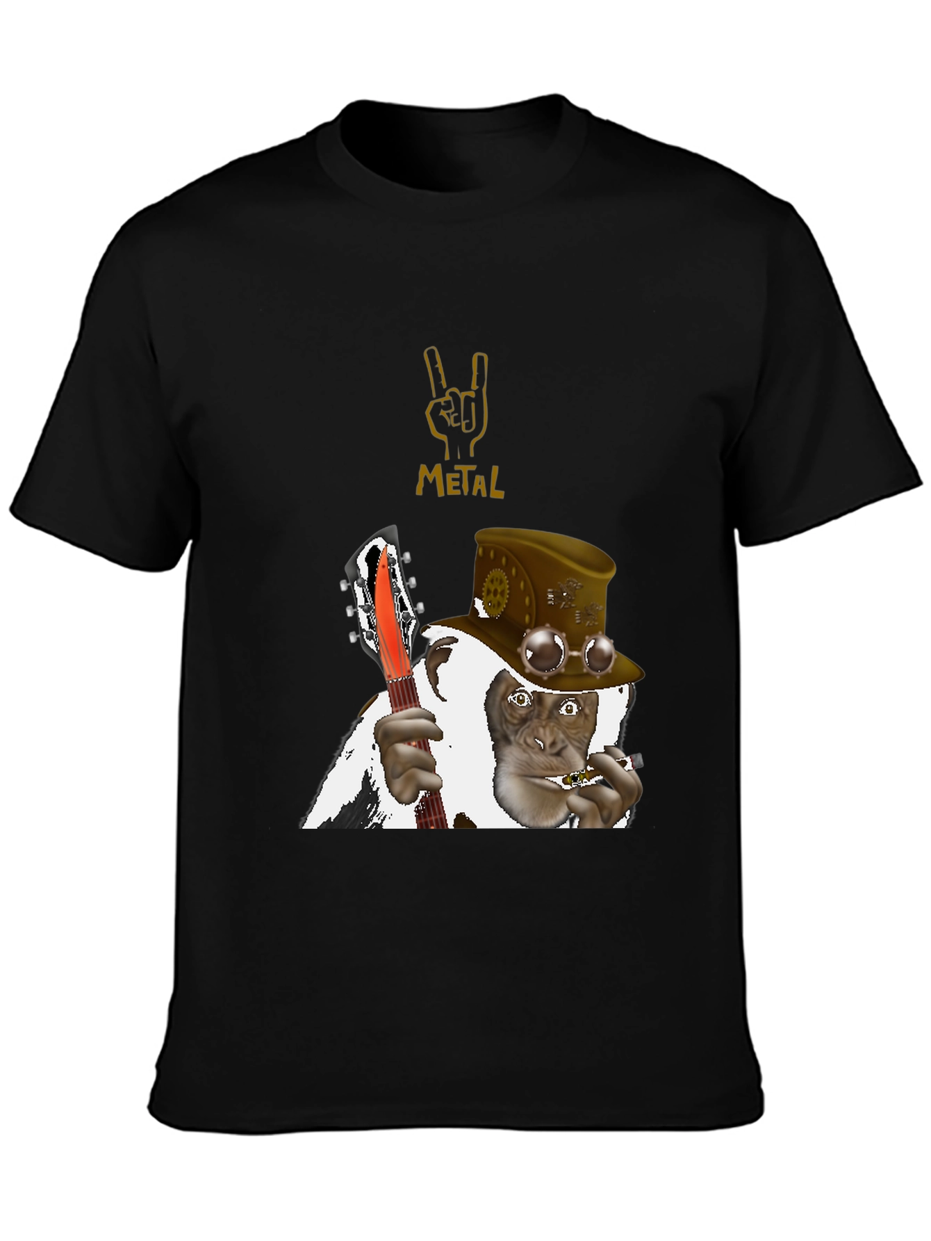 Black Steampunk Monkey Guitarist T-Shirt view 3