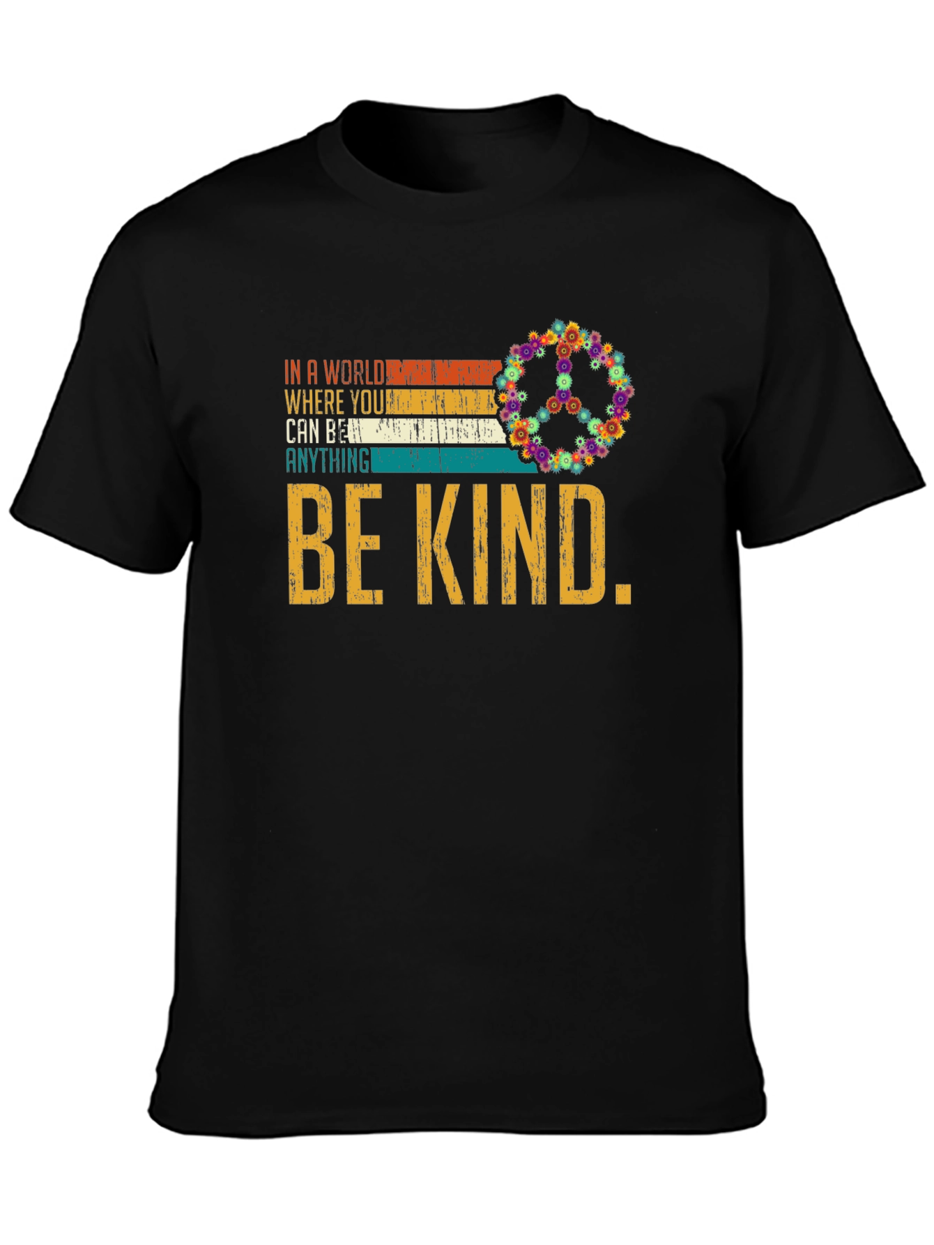 Black Be Kind T-Shirt - Floral Peace Sign - Inspiring Message view 3