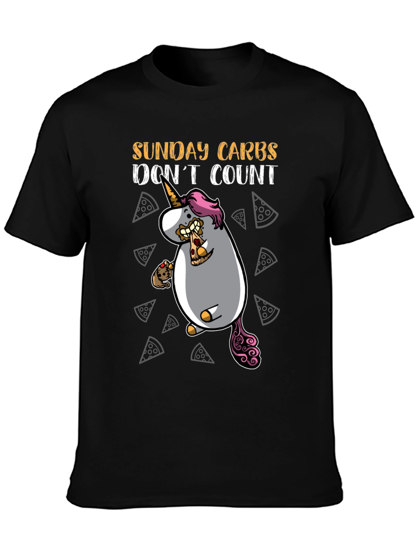 Black Funny Sunday Carbs Unicorn Pizza Graphic Tee view 3