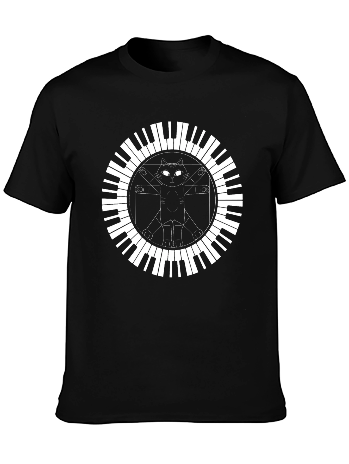 Cat Vitruvian Man Piano Keys Black T-Shirt - 3