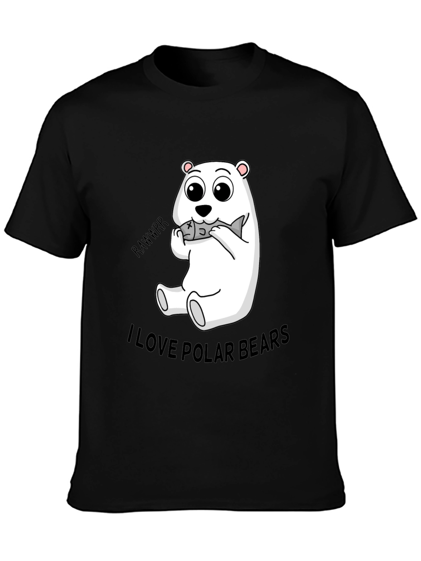 Black Cute Polar Bear Eating Fish Black T-Shirt view 3