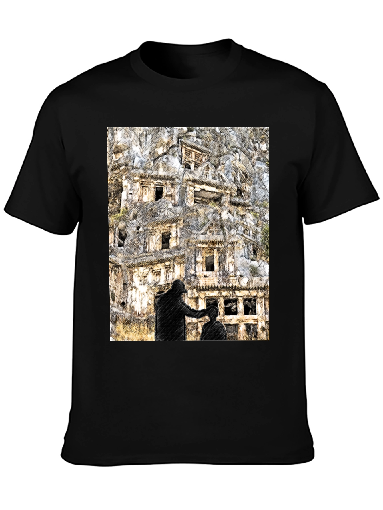Black Urban Sketch Tee: Barber Shop Graphic Print view 3