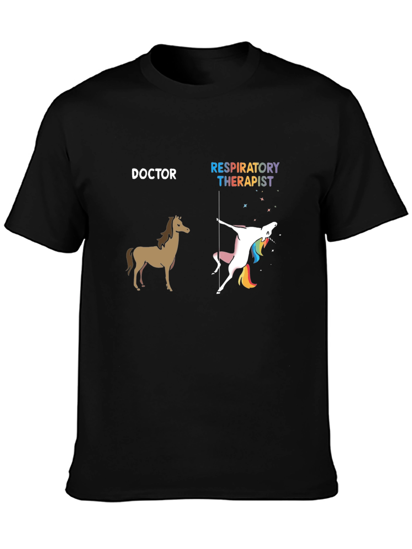 Black Doctor Horse vs. Respiratory Therapist Unicorn Graphic Tee view 3